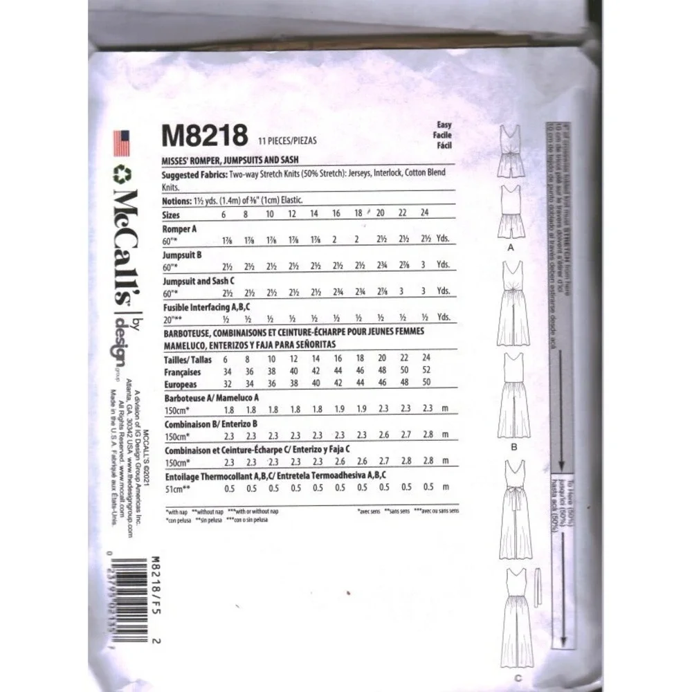 McCalls M8218 Misses Romper Jumpsuit Sewing Pattern Size F5 16-18 Wide Leg Sash